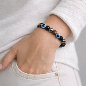 NWT Triple Protection Black Obsidian Hematite Tiger Eye Stretch Bracelet